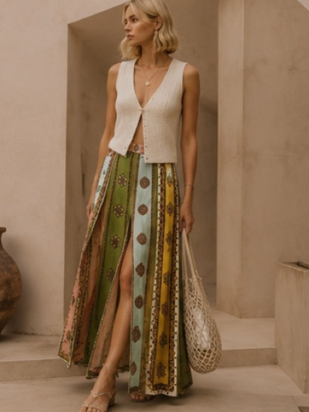 Alemais Cotina Striped Boho Maxi Skirt in Green, Pink & Yellow